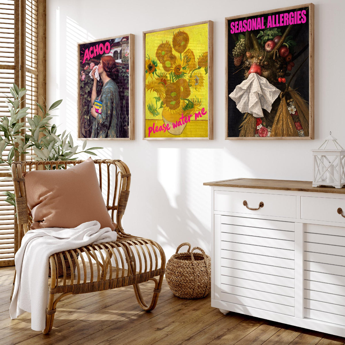 Funny Hay Fever Set of Three Art Prints - Achoo, Please Water Me, Seasonal Allergies - Classic Painting Parody Poster