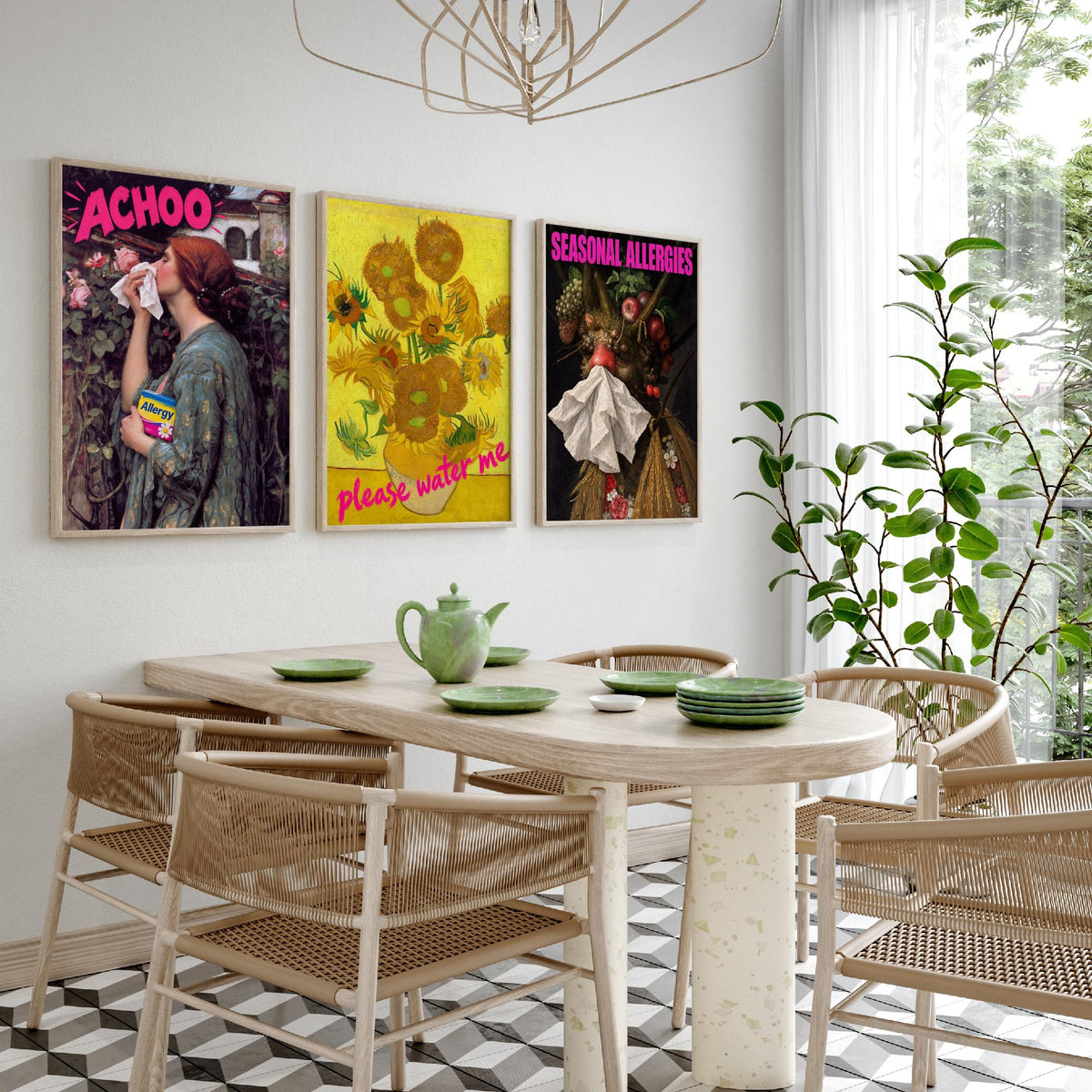 Funny Hay Fever Set of Three Art Prints - Achoo, Please Water Me, Seasonal Allergies - Classic Painting Parody Poster