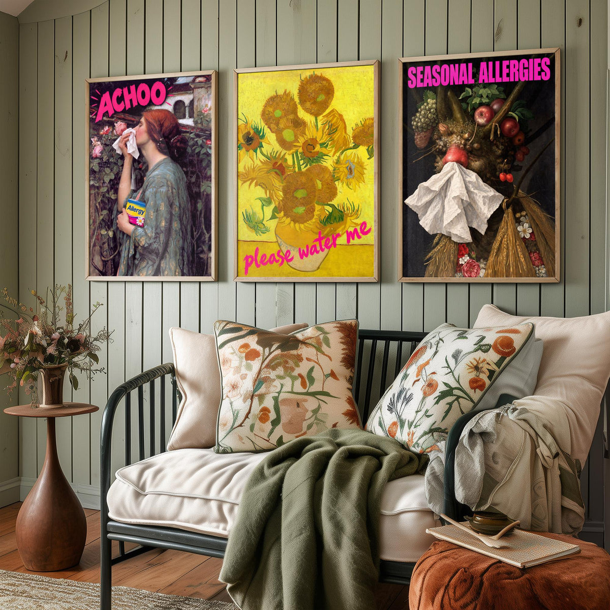 Funny Hay Fever Set of Three Art Prints - Achoo, Please Water Me, Seasonal Allergies - Classic Painting Parody Poster