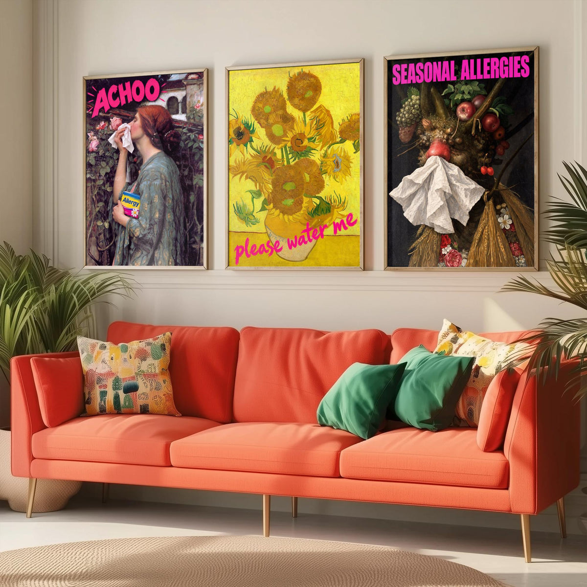 Funny Hay Fever Set of Three Art Prints - Achoo, Please Water Me, Seasonal Allergies - Classic Painting Parody Poster