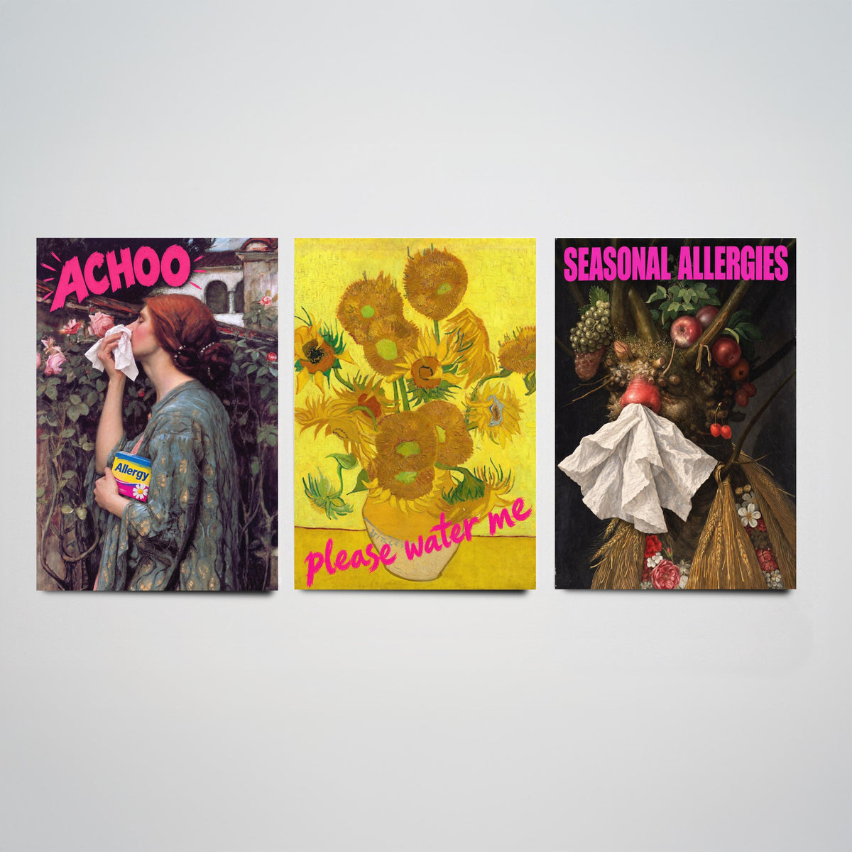 Funny Hay Fever Set of Three Art Prints - Achoo, Please Water Me, Seasonal Allergies - Classic Painting Parody Poster