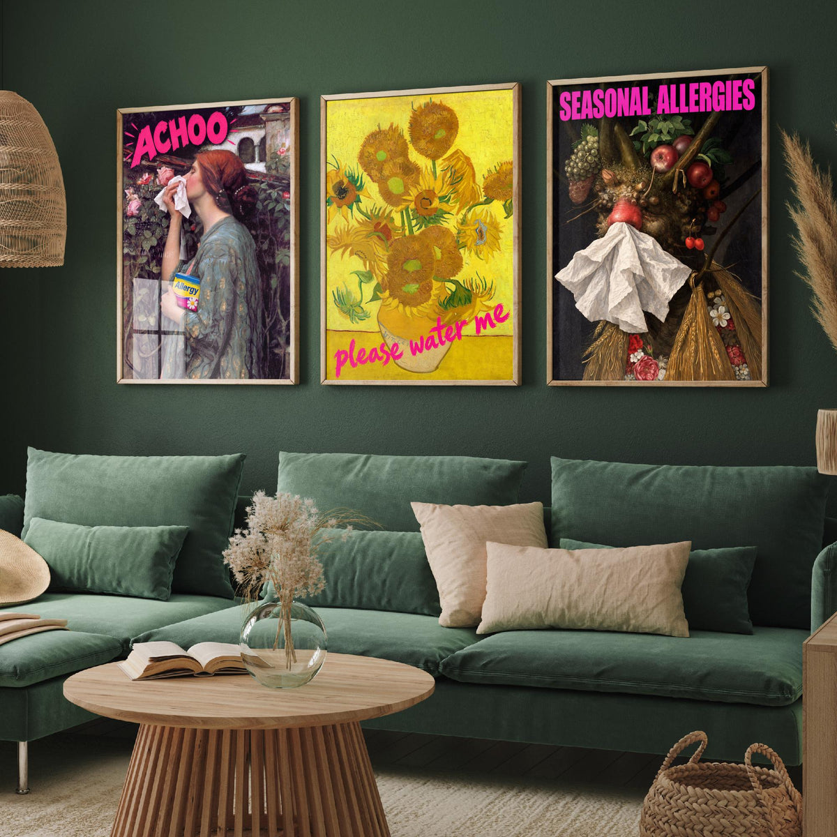 Funny Hay Fever Set of Three Art Prints - Achoo, Please Water Me, Seasonal Allergies - Classic Painting Parody Poster