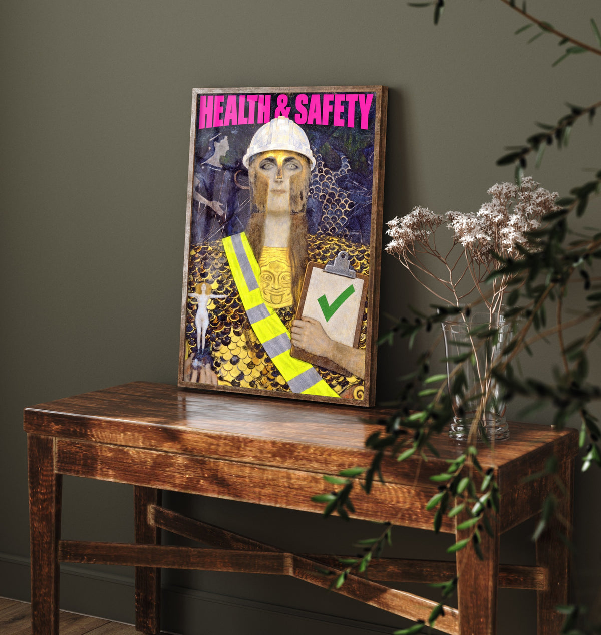 Health and Safety Funny Art Print - Pallas Athene by Klimt Parody Poster - Altered Classic Painting - Engineer Gift
