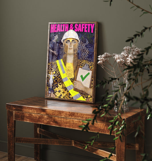 Health and Safety Funny Art Print - Pallas Athene by Klimt Parody Poster - Altered Classic Painting - Engineer Gift