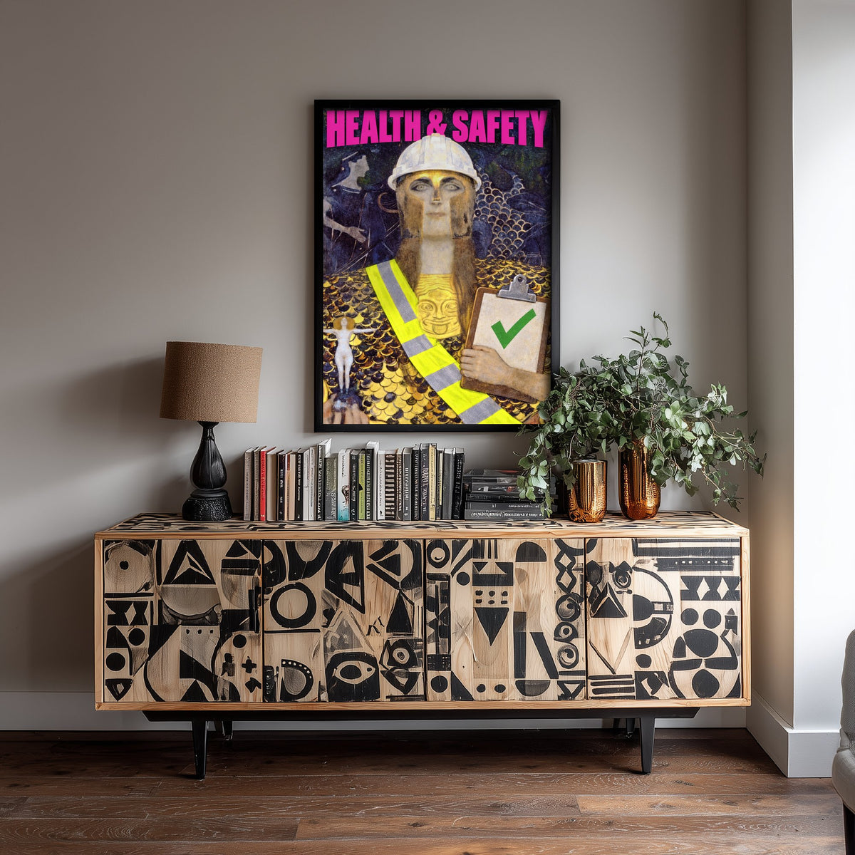 Health and Safety Funny Art Print - Pallas Athene by Klimt Parody Poster - Altered Classic Painting - Engineer Gift