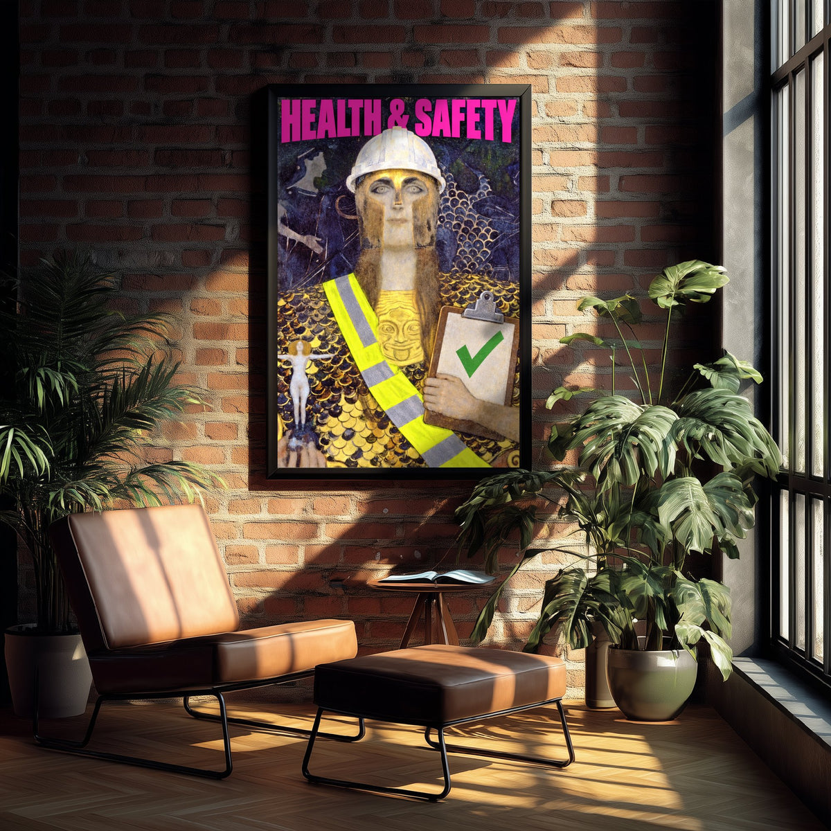 Health and Safety Funny Art Print - Pallas Athene by Klimt Parody Poster - Altered Classic Painting - Engineer Gift