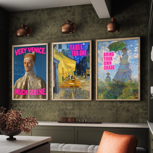 Funny Holiday Set of Three Art Prints - Very Venice Much Serene, Table for One, Bring Your Own Shade - Classic Painting Parody Poster