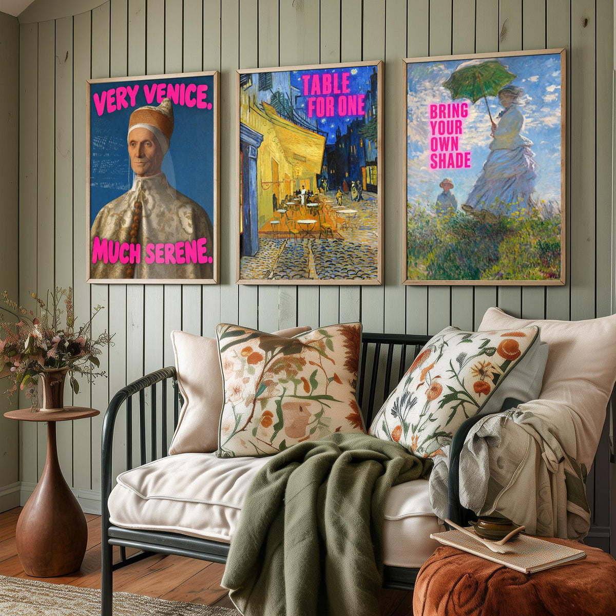 Funny Holiday Set of Three Art Prints - Very Venice Much Serene, Table for One, Bring Your Own Shade - Classic Painting Parody Poster