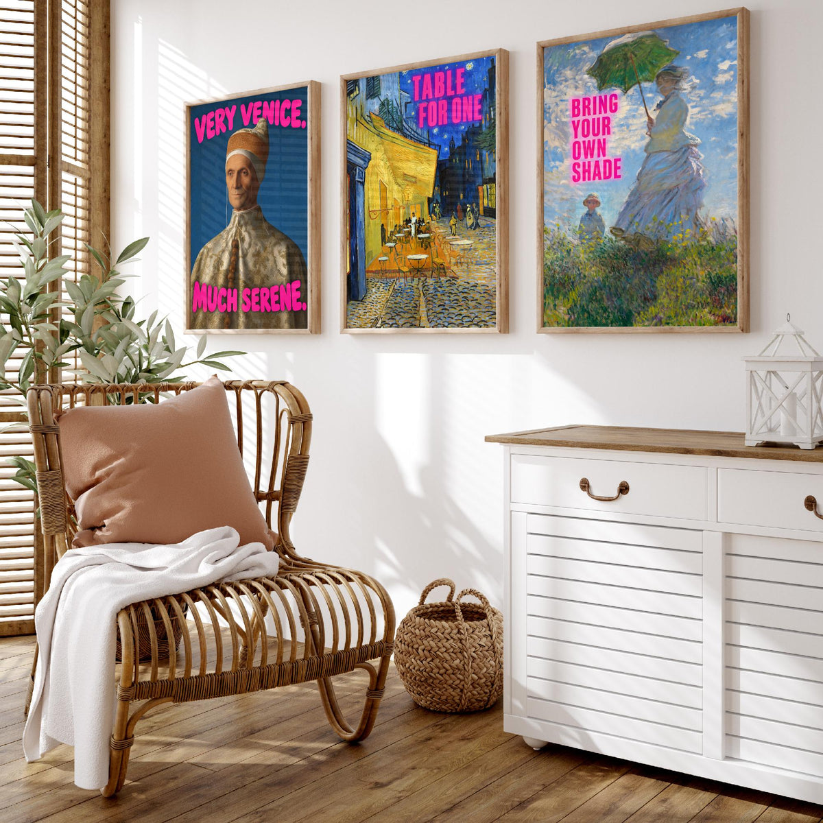 Funny Holiday Set of Three Art Prints - Very Venice Much Serene, Table for One, Bring Your Own Shade - Classic Painting Parody Poster