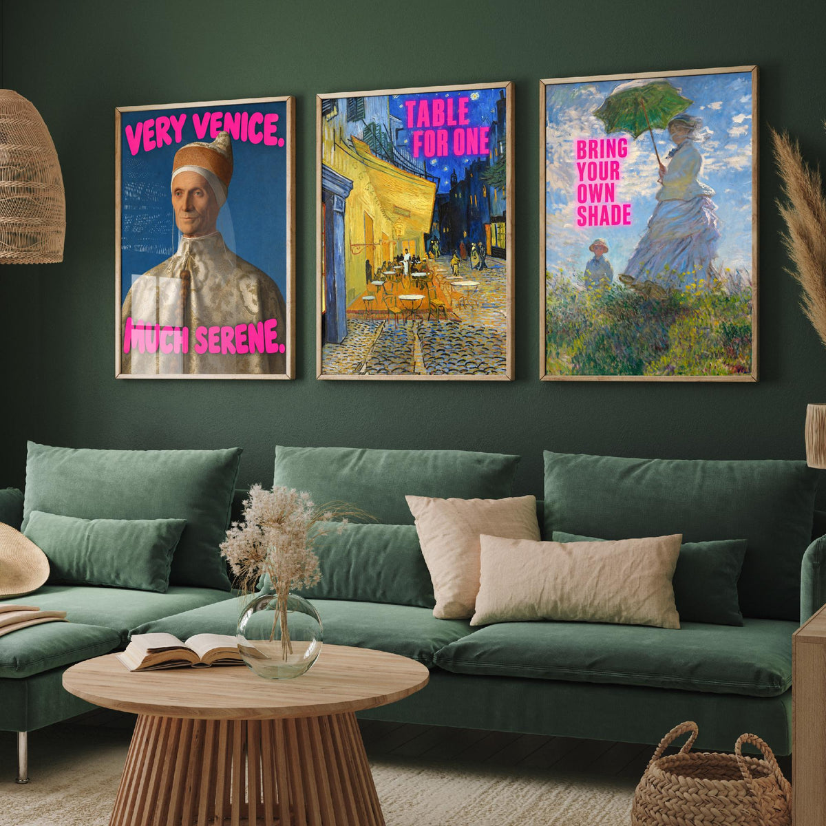 Funny Holiday Set of Three Art Prints - Very Venice Much Serene, Table for One, Bring Your Own Shade - Classic Painting Parody Poster