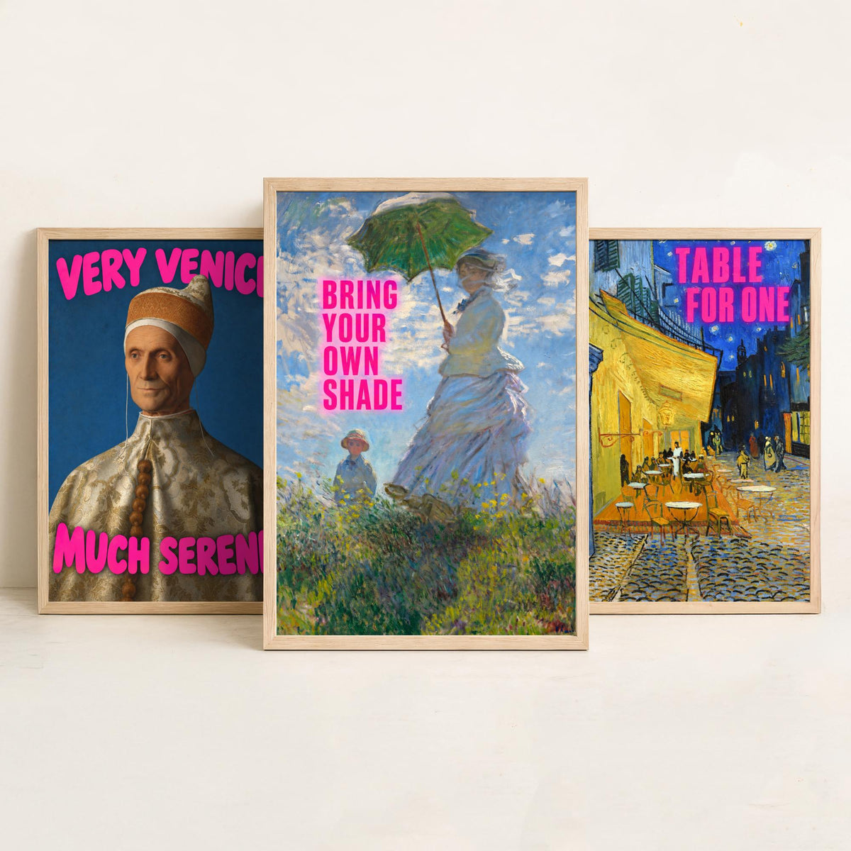Funny Holiday Set of Three Art Prints - Very Venice Much Serene, Table for One, Bring Your Own Shade - Classic Painting Parody Poster