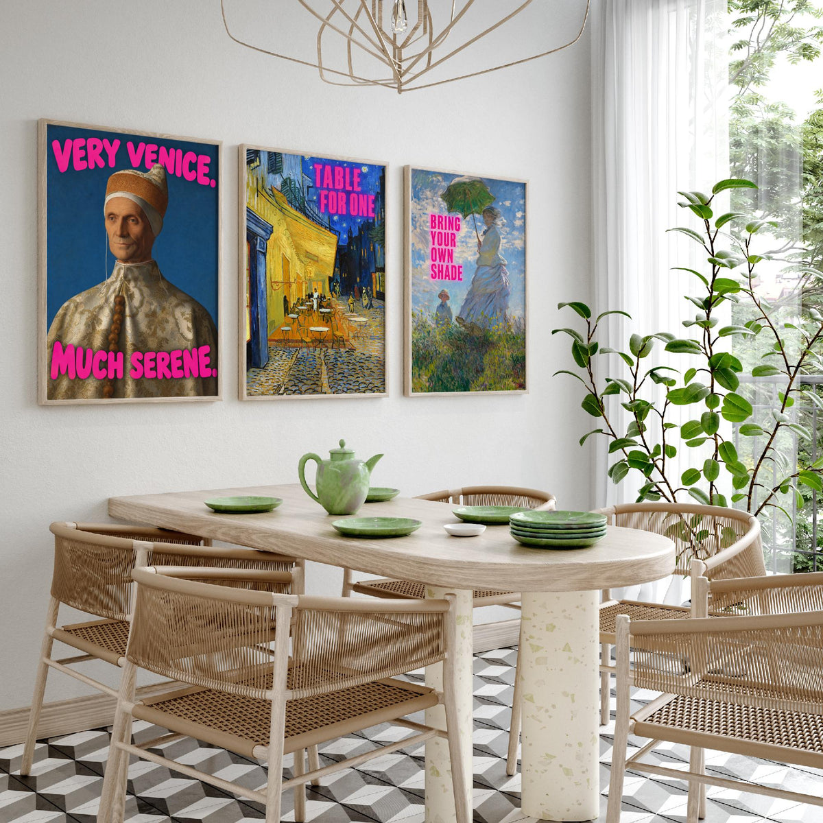 Funny Holiday Set of Three Art Prints - Very Venice Much Serene, Table for One, Bring Your Own Shade - Classic Painting Parody Poster