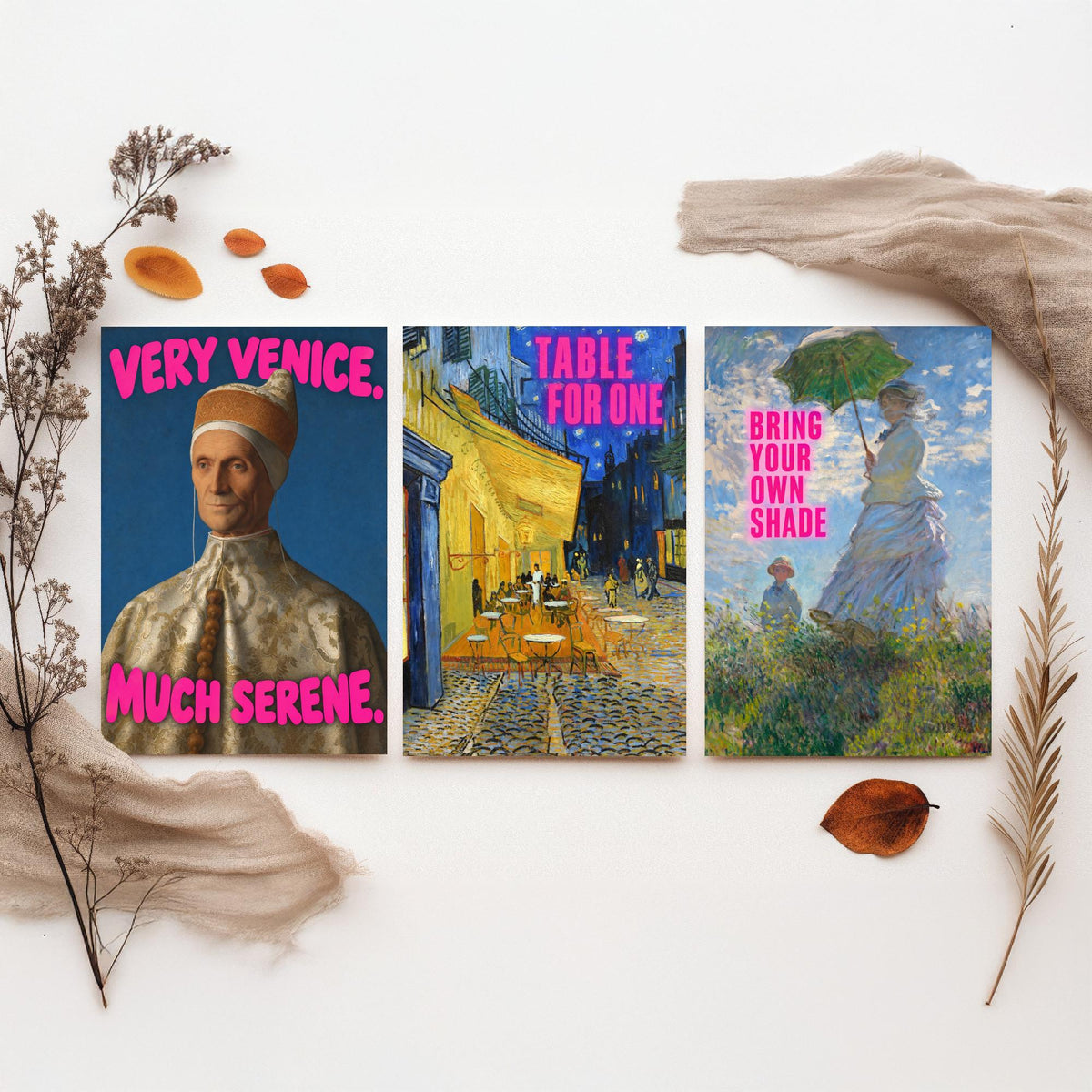 Funny Holiday Set of Three Art Prints - Very Venice Much Serene, Table for One, Bring Your Own Shade - Classic Painting Parody Poster