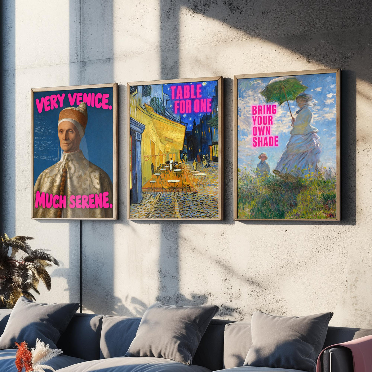 Funny Holiday Set of Three Art Prints - Very Venice Much Serene, Table for One, Bring Your Own Shade - Classic Painting Parody Poster