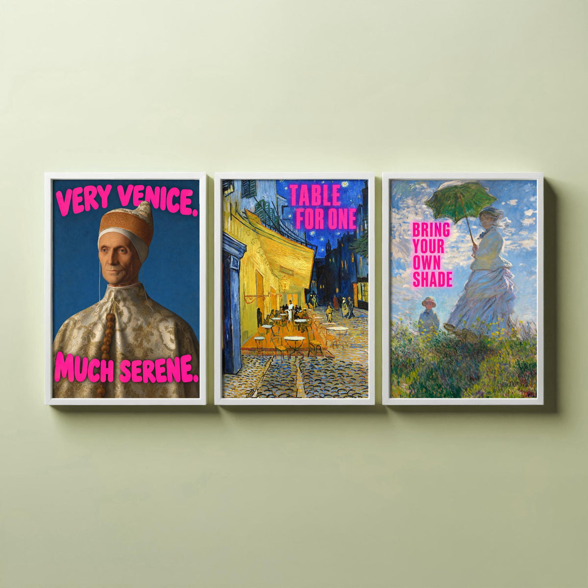 Funny Holiday Set of Three Art Prints - Very Venice Much Serene, Table for One, Bring Your Own Shade - Classic Painting Parody Poster