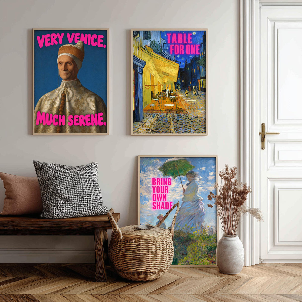 Funny Holiday Set of Three Art Prints - Very Venice Much Serene, Table for One, Bring Your Own Shade - Classic Painting Parody Poster