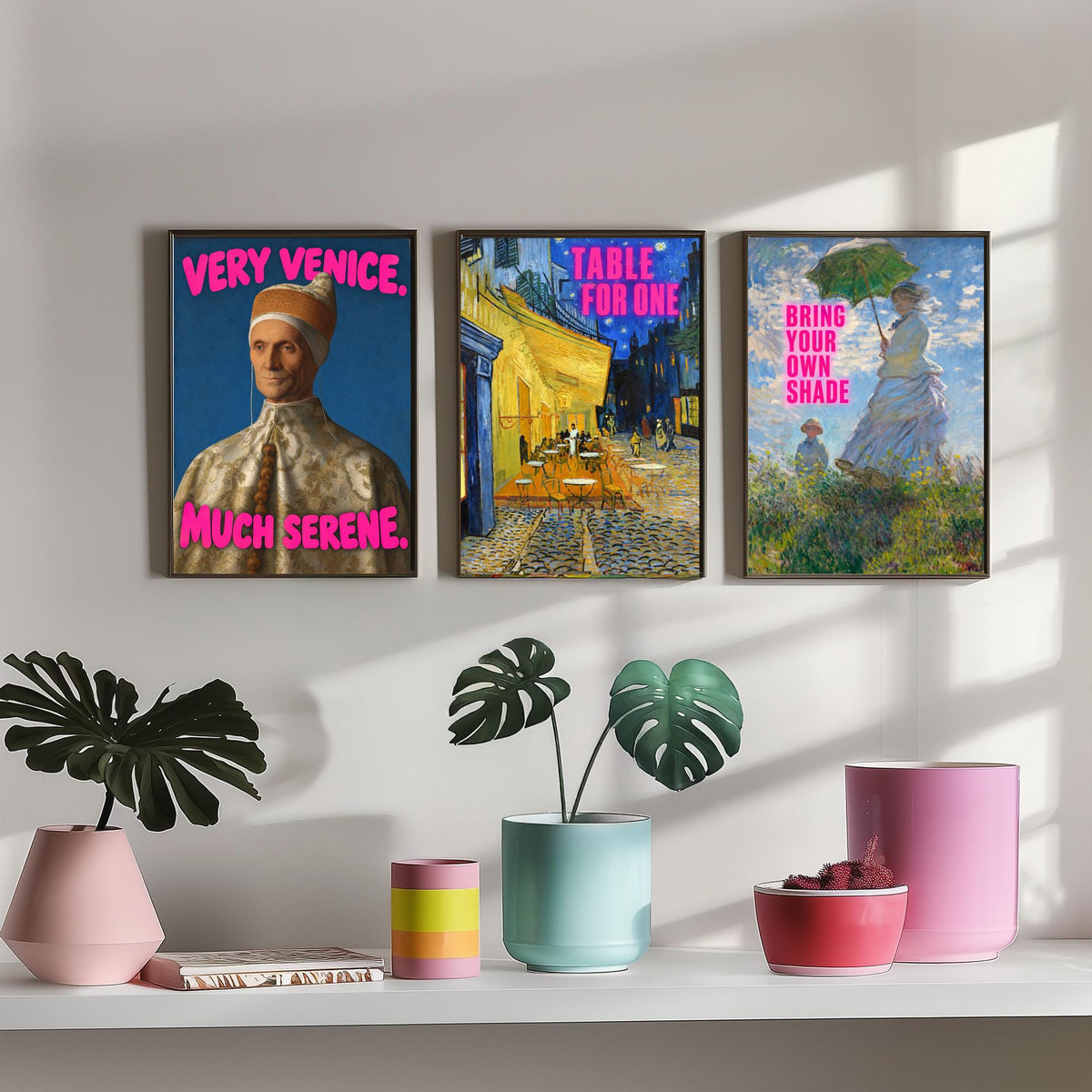 Funny Holiday Set of Three Art Prints - Very Venice Much Serene, Table for One, Bring Your Own Shade - Classic Painting Parody Poster