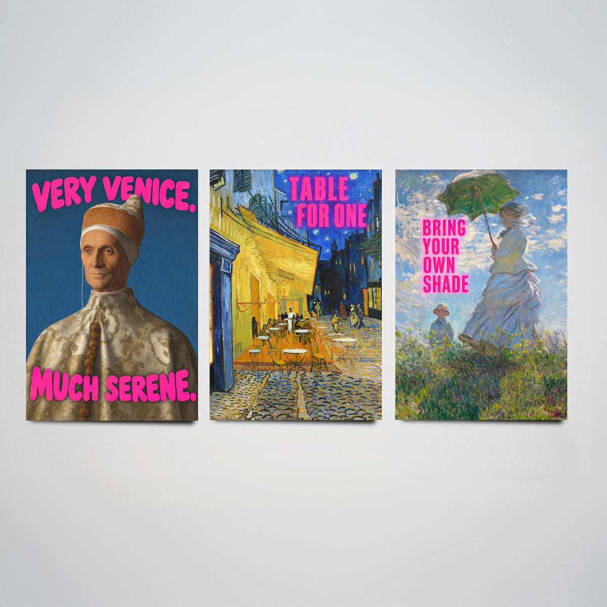 Funny Holiday Set of Three Art Prints - Very Venice Much Serene, Table for One, Bring Your Own Shade - Classic Painting Parody Poster