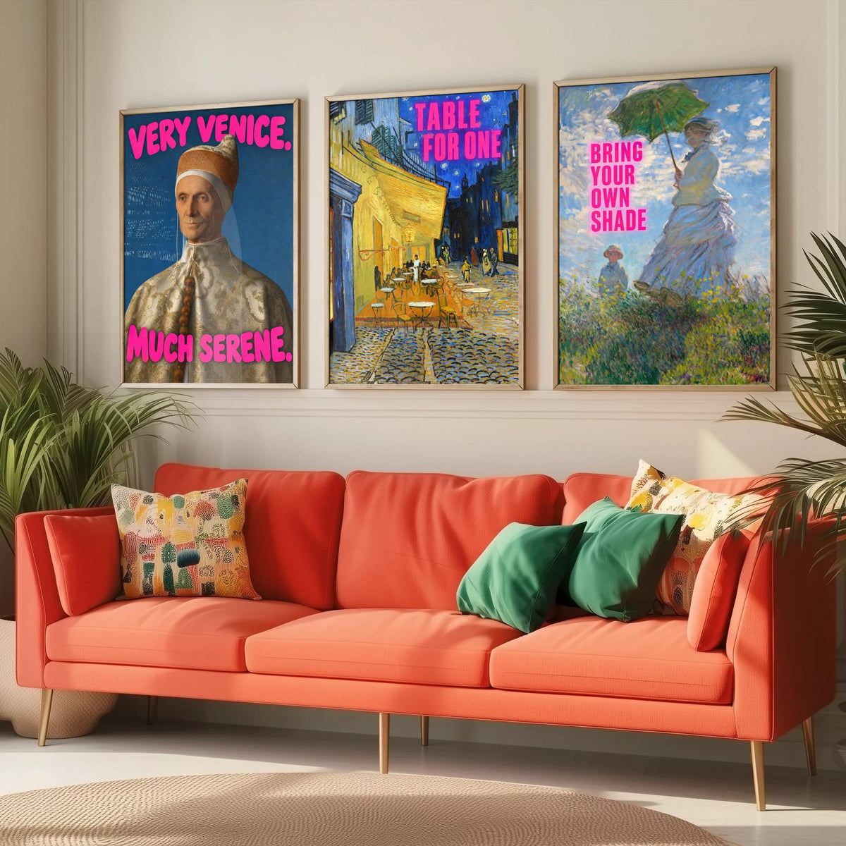 Funny Holiday Set of Three Art Prints - Very Venice Much Serene, Table for One, Bring Your Own Shade - Classic Painting Parody Poster