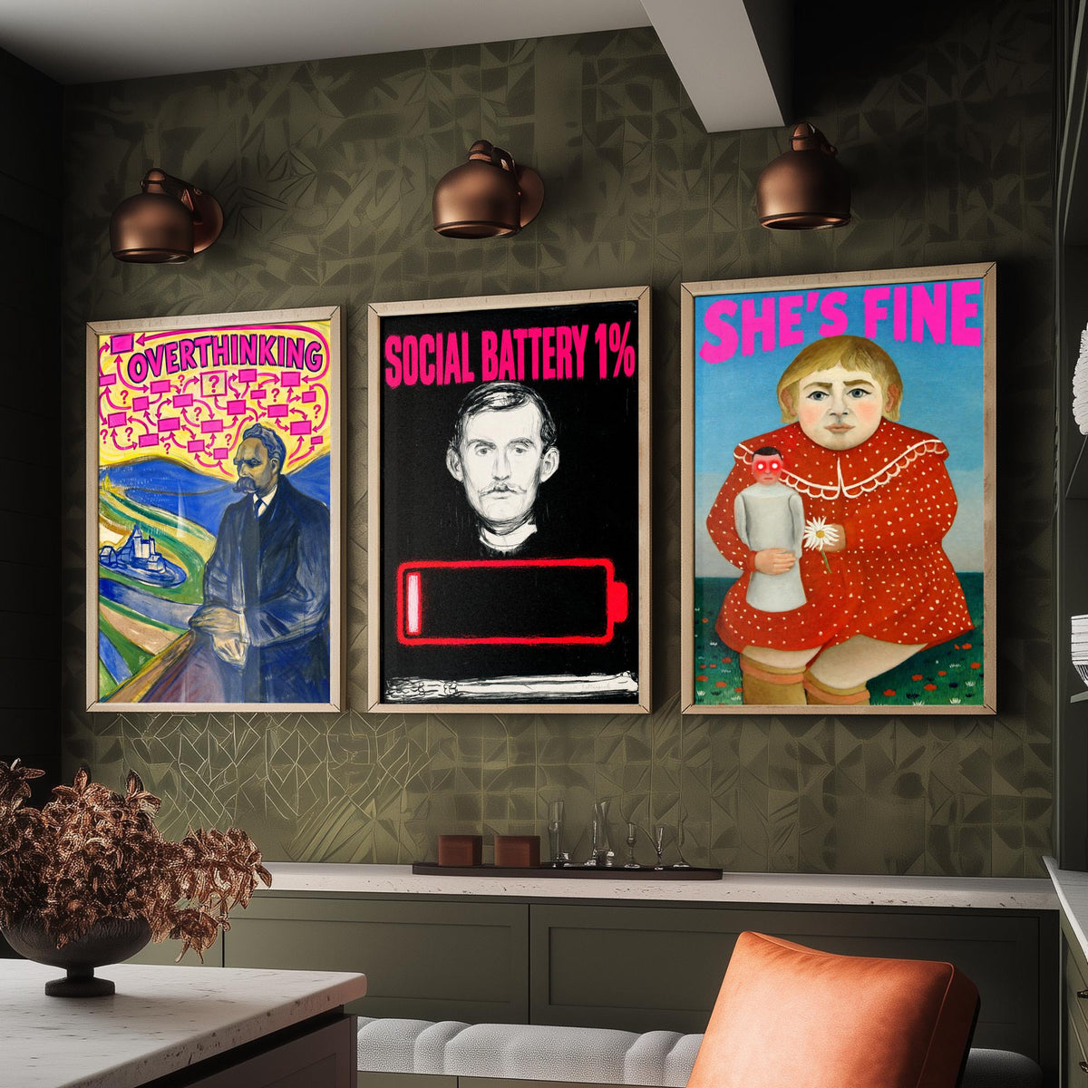 Funny Introvert Set of Three Art Prints - Overthinking, Social Battery 1%, She's Fine - Classic Painting Parody Poster