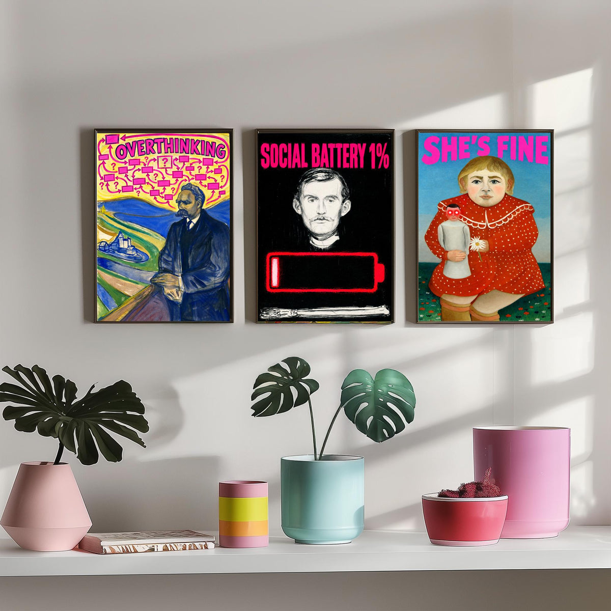 Funny Introvert Set of Three Art Prints - Overthinking, Social Battery 1%, She's Fine - Classic Painting Parody Poster
