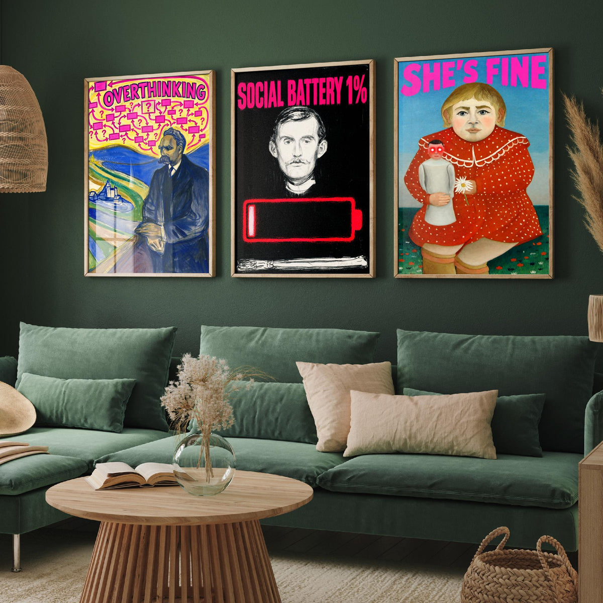 Funny Introvert Set of Three Art Prints - Overthinking, Social Battery 1%, She's Fine - Classic Painting Parody Poster