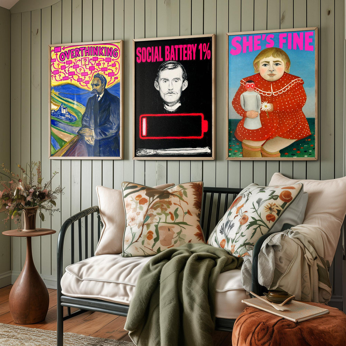 Funny Introvert Set of Three Art Prints - Overthinking, Social Battery 1%, She's Fine - Classic Painting Parody Poster