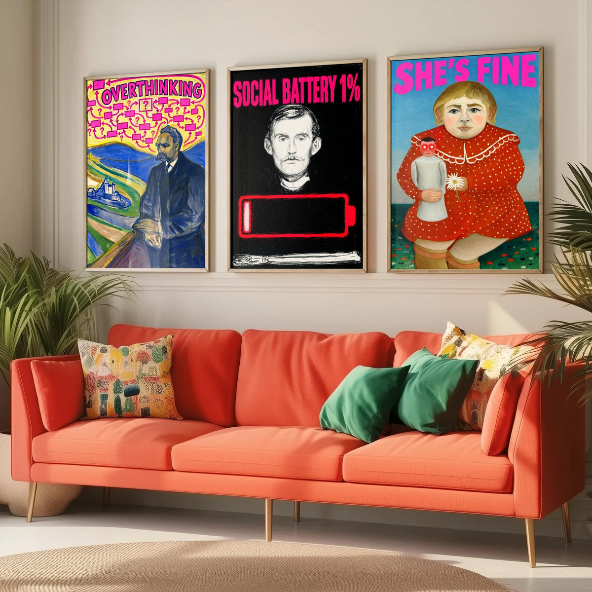 Funny Introvert Set of Three Art Prints - Overthinking, Social Battery 1%, She's Fine - Classic Painting Parody Poster