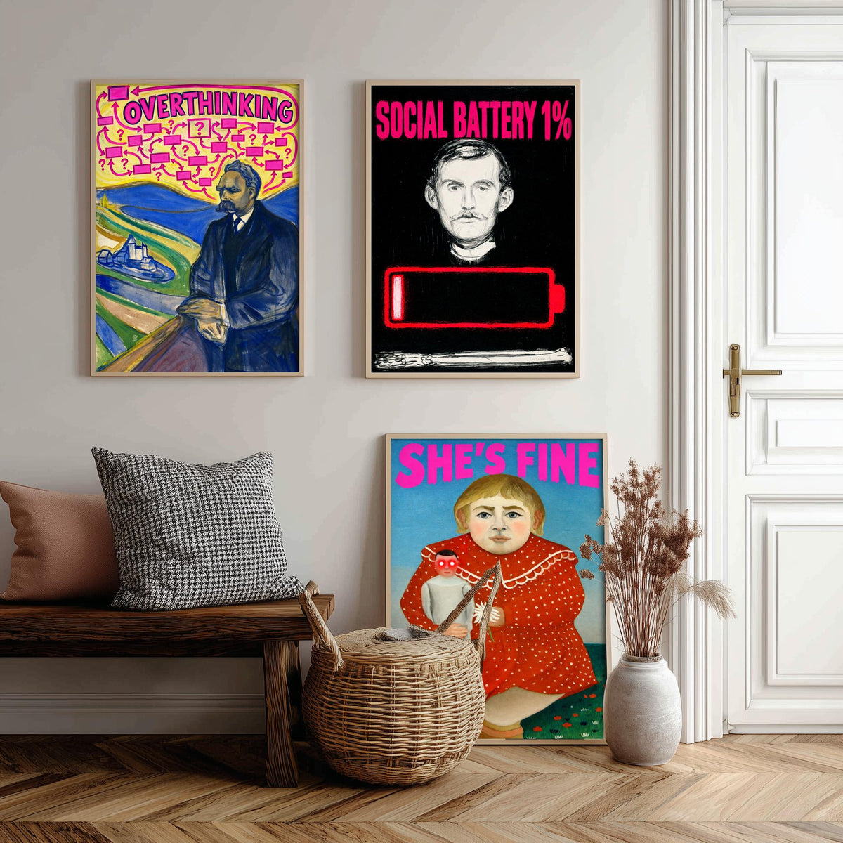 Funny Introvert Set of Three Art Prints - Overthinking, Social Battery 1%, She's Fine - Classic Painting Parody Poster
