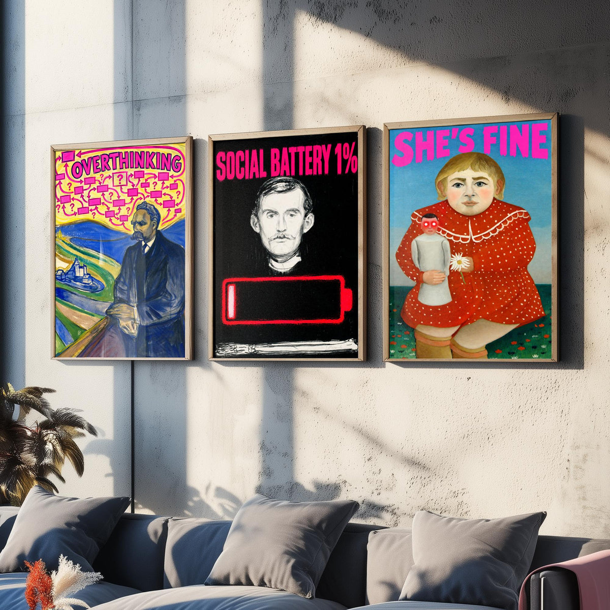 Funny Introvert Set of Three Art Prints - Overthinking, Social Battery 1%, She's Fine - Classic Painting Parody Poster