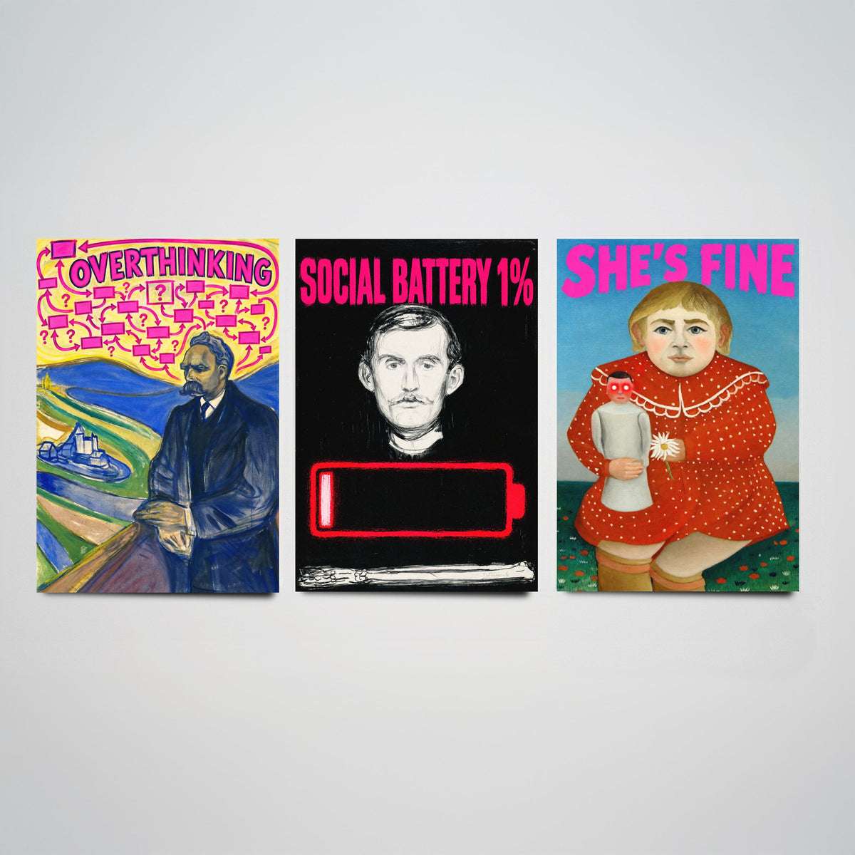 Funny Introvert Set of Three Art Prints - Overthinking, Social Battery 1%, She's Fine - Classic Painting Parody Poster