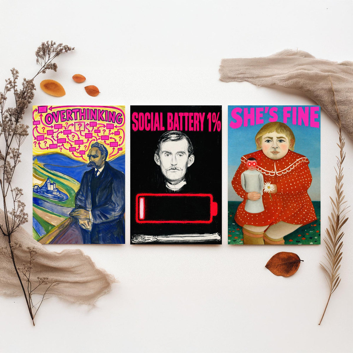 Funny Introvert Set of Three Art Prints - Overthinking, Social Battery 1%, She's Fine - Classic Painting Parody Poster
