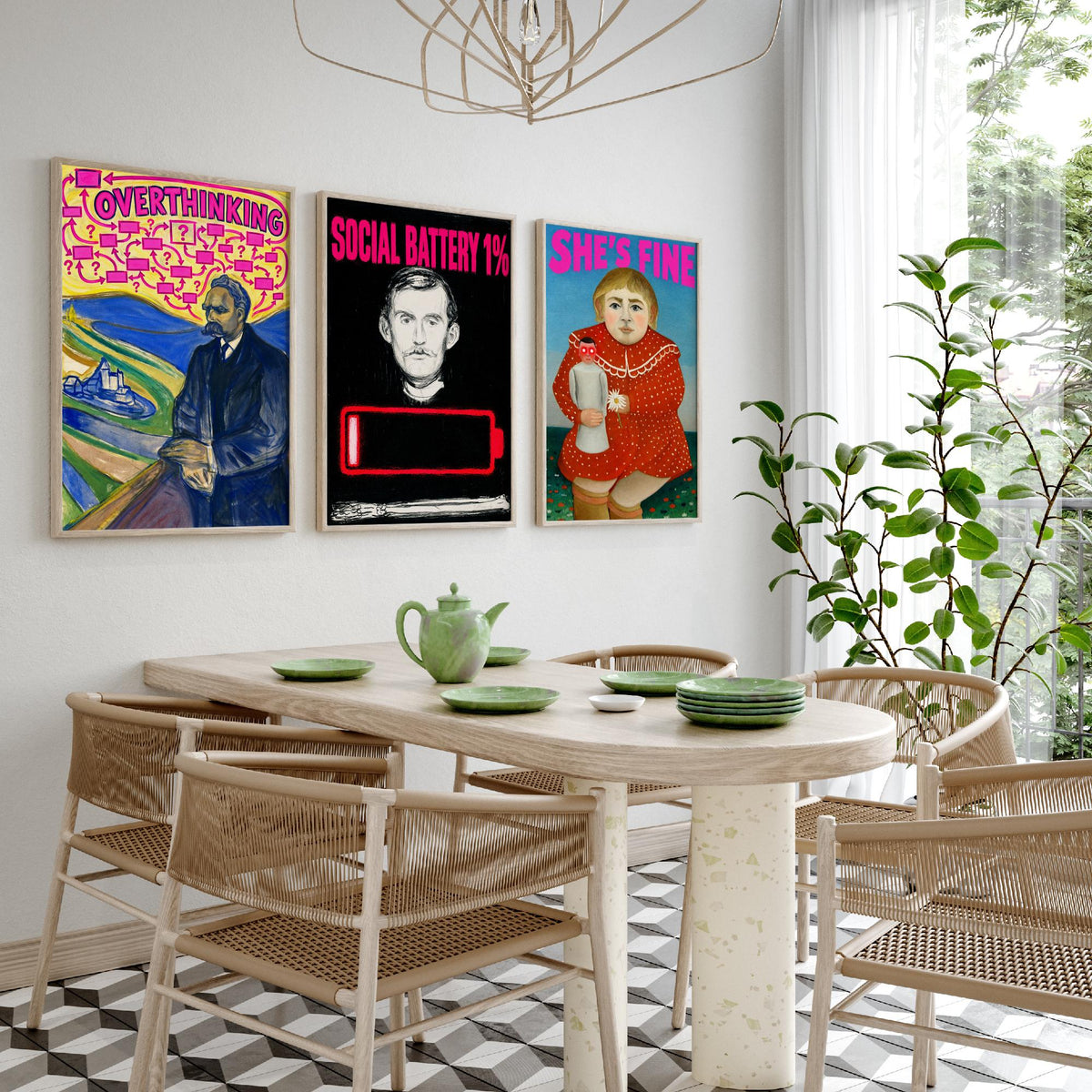 Funny Introvert Set of Three Art Prints - Overthinking, Social Battery 1%, She's Fine - Classic Painting Parody Poster