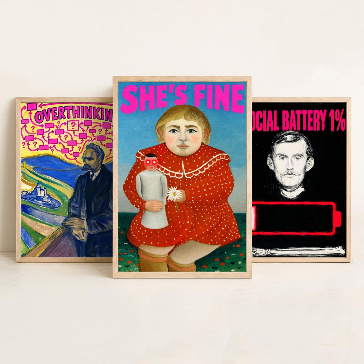 Funny Introvert Set of Three Art Prints - Overthinking, Social Battery 1%, She's Fine - Classic Painting Parody Poster