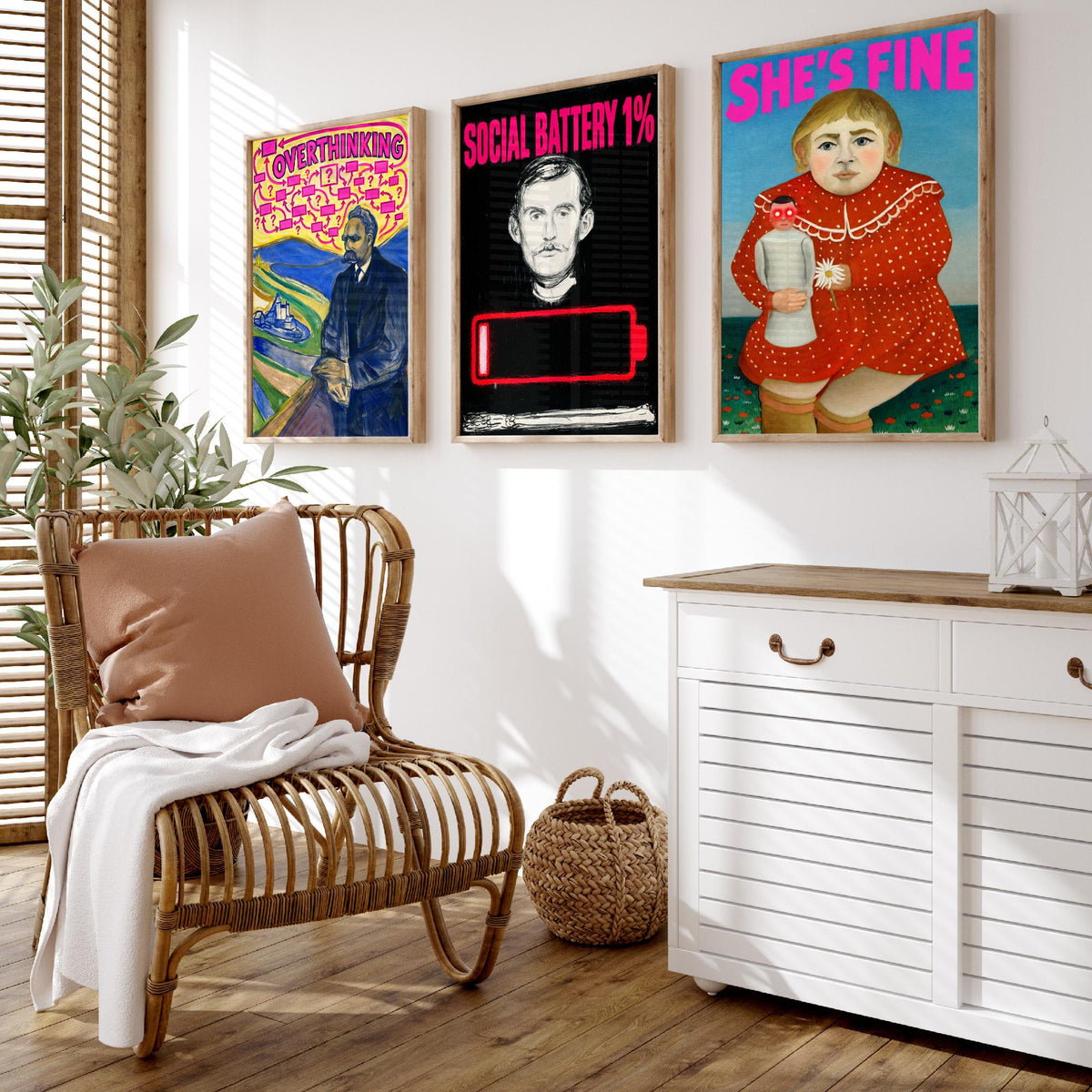Funny Introvert Set of Three Art Prints - Overthinking, Social Battery 1%, She's Fine - Classic Painting Parody Poster