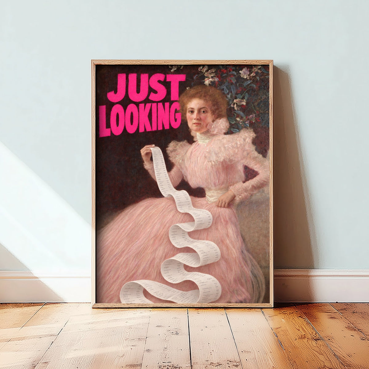 Just Looking Funny Art Print - Portrait of Sonja Knips by Klimt Parody Poster - Altered Classic Painting - Shopaholic Gift
