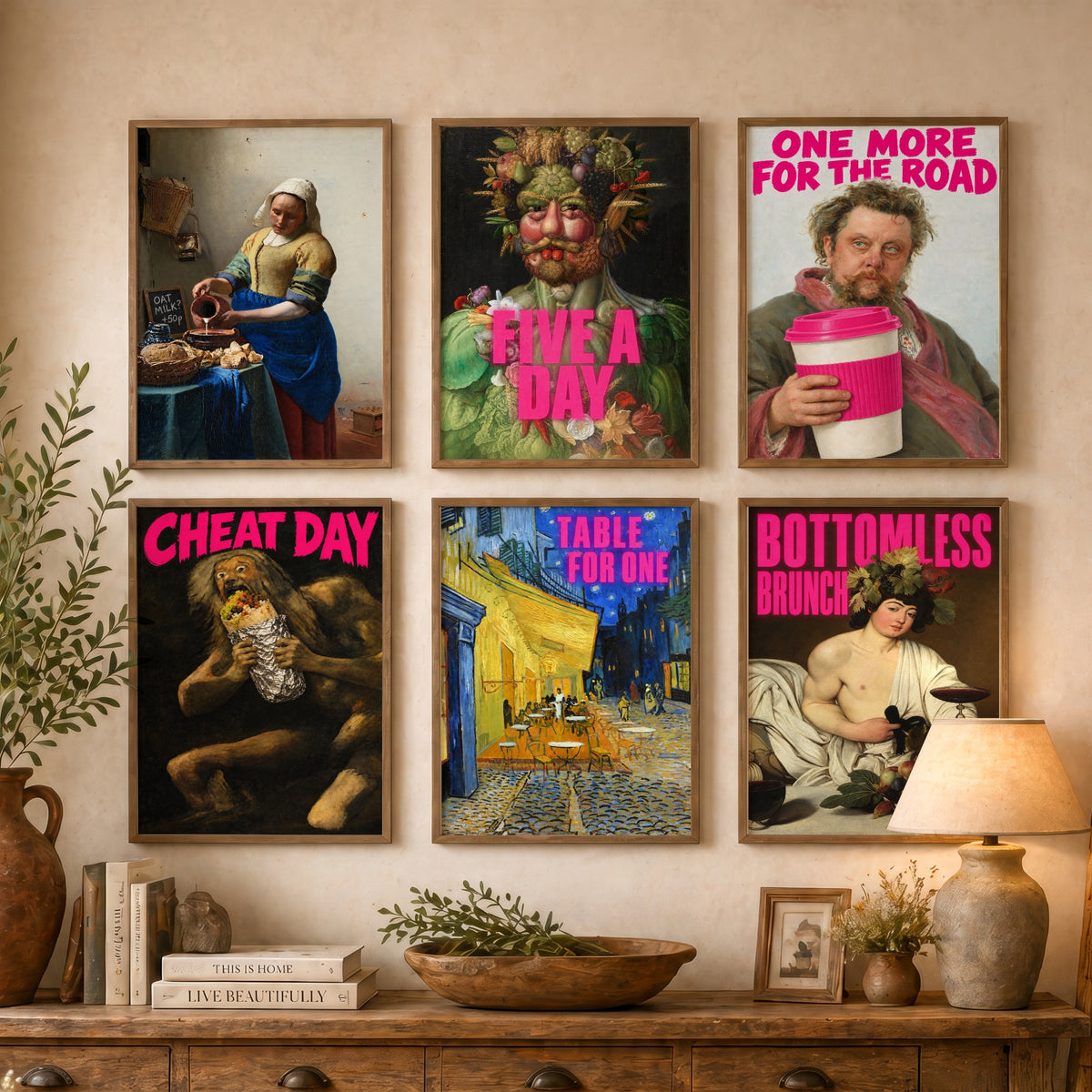 Set of Six Funny Kitchen Art Prints - Oat Milk, Five a Day, Cheat Day, Bottomless Brunch - Classic Painting Parody Poster