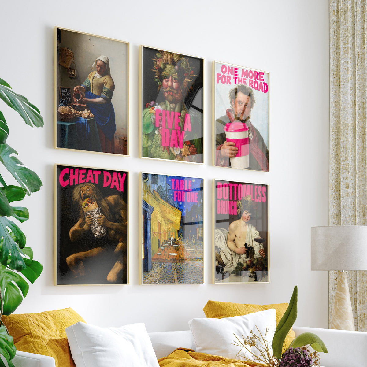 Set of Six Funny Kitchen Art Prints - Oat Milk, Five a Day, Cheat Day, Bottomless Brunch - Classic Painting Parody Poster