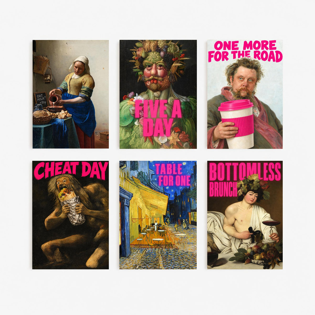 Set of Six Funny Kitchen Art Prints - Oat Milk, Five a Day, Cheat Day, Bottomless Brunch - Classic Painting Parody Poster