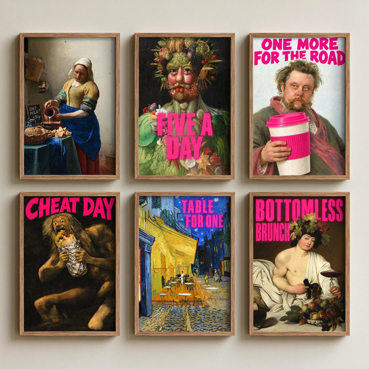 Set of Six Funny Kitchen Art Prints - Oat Milk, Five a Day, Cheat Day, Bottomless Brunch - Classic Painting Parody Poster