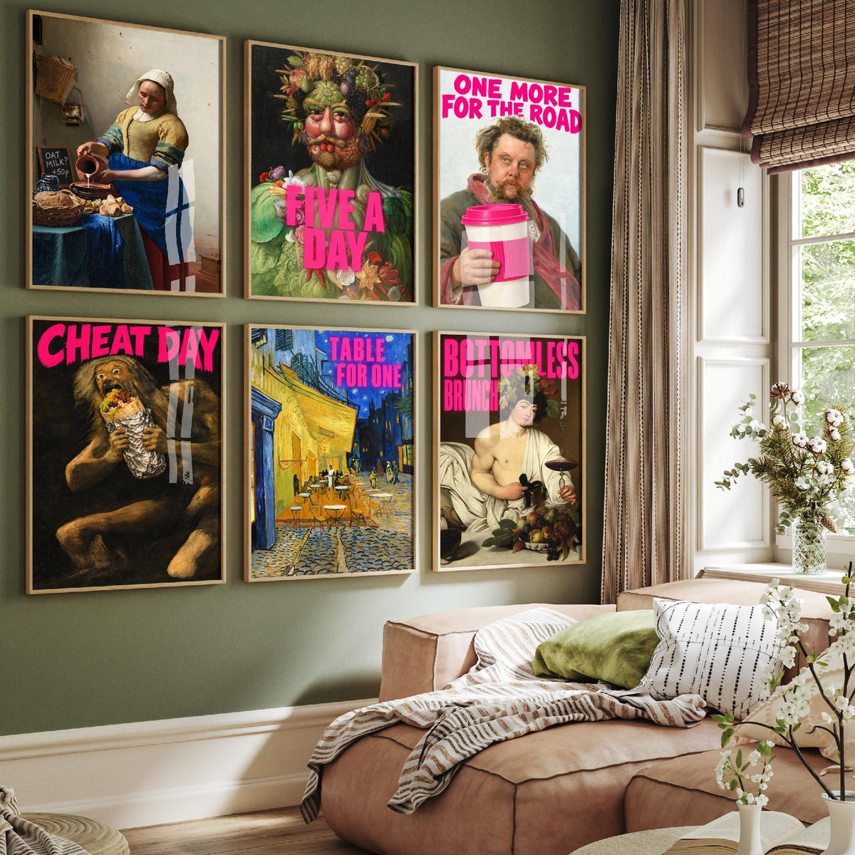 Set of Six Funny Kitchen Art Prints - Oat Milk, Five a Day, Cheat Day, Bottomless Brunch - Classic Painting Parody Poster