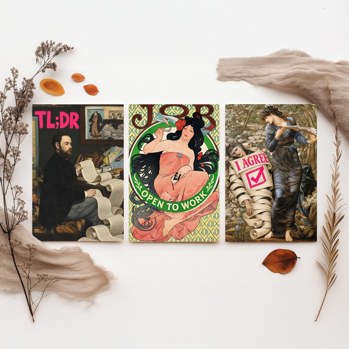 Funny Life Admin Set of Three Art Prints - TL;DR, Open to Work, I Agree - Classic Painting Parody Poster