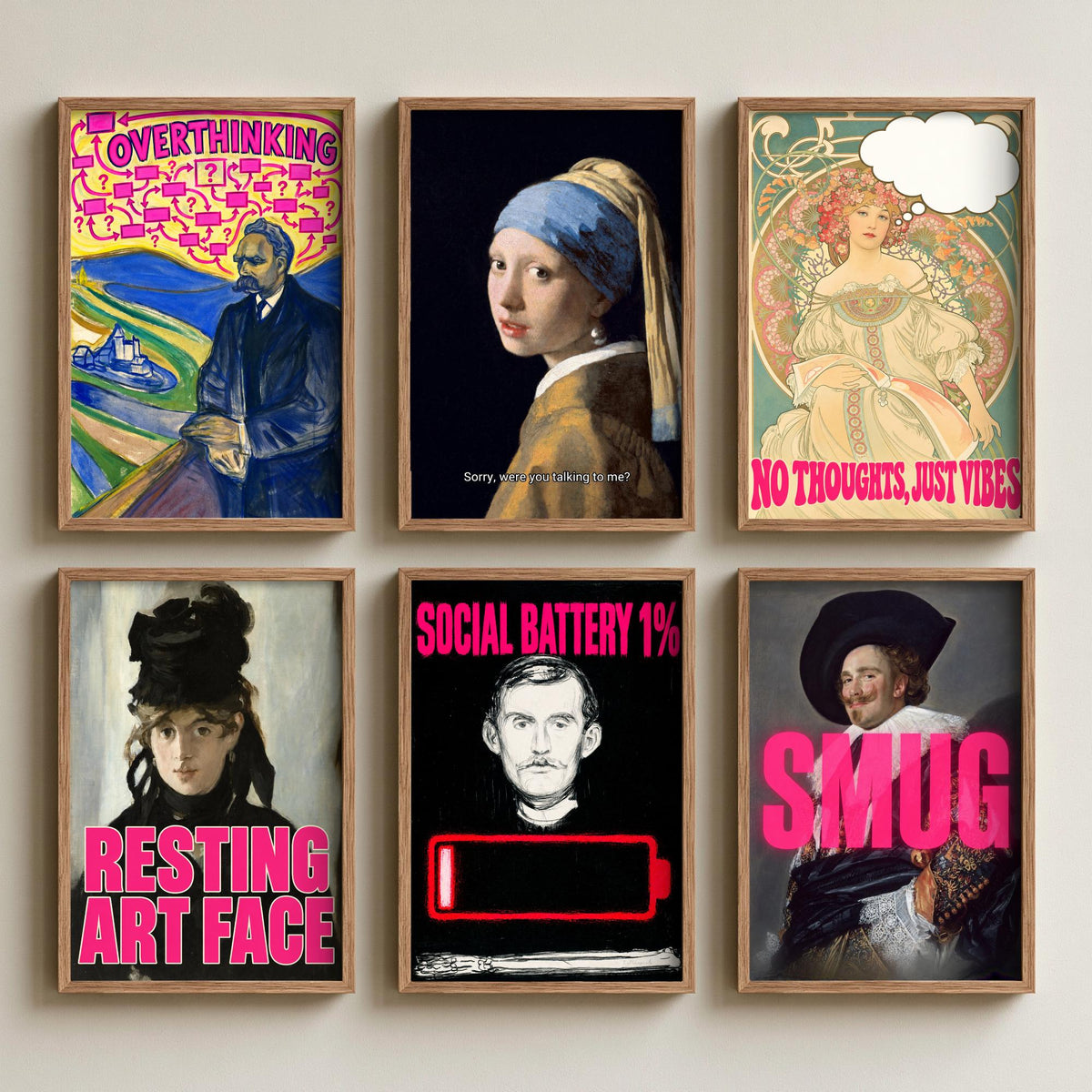 Set of Six Funny Moods Art Prints - Overthinking, Resting Art Face, Social Battery, Smug - Classic Painting Parody Poster