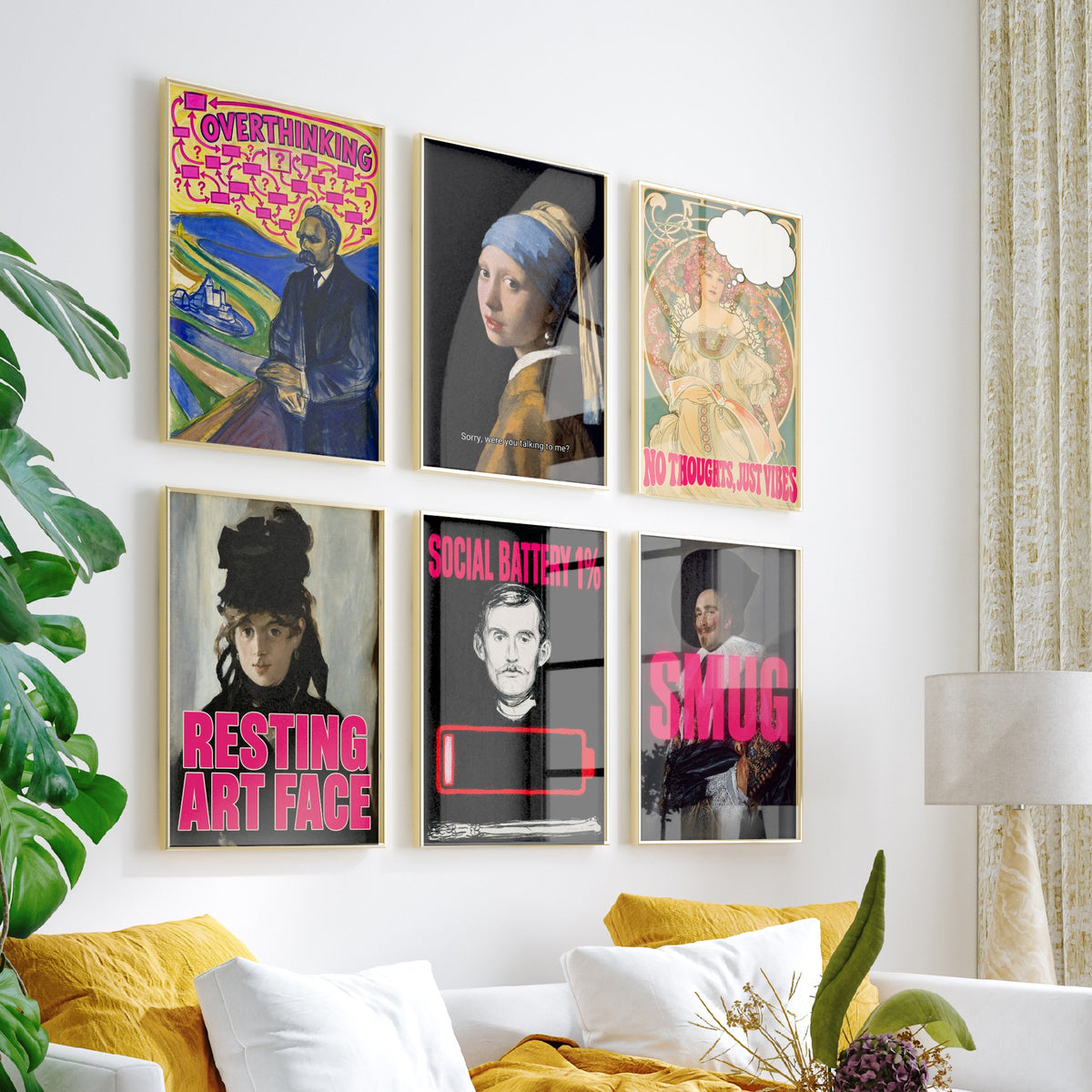 Set of Six Funny Moods Art Prints - Overthinking, Resting Art Face, Social Battery, Smug - Classic Painting Parody Poster