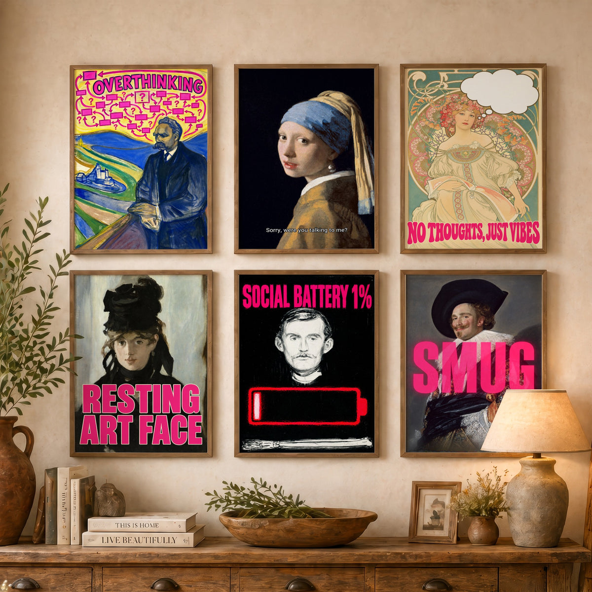 Set of Six Funny Moods Art Prints - Overthinking, Resting Art Face, Social Battery, Smug - Classic Painting Parody Poster