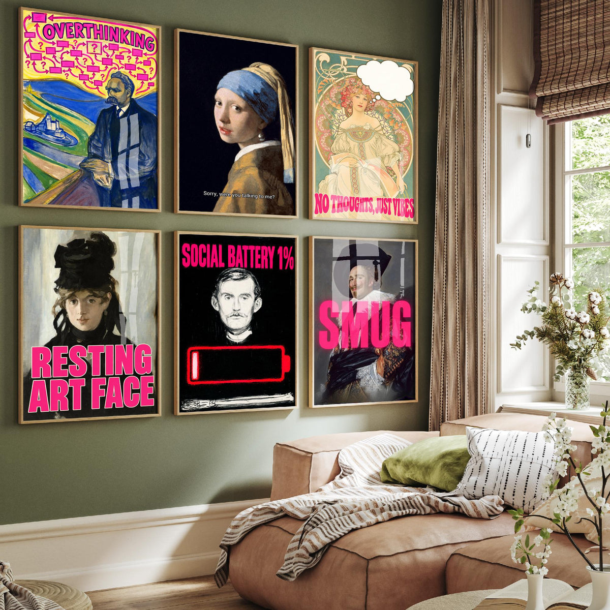Set of Six Funny Moods Art Prints - Overthinking, Resting Art Face, Social Battery, Smug - Classic Painting Parody Poster