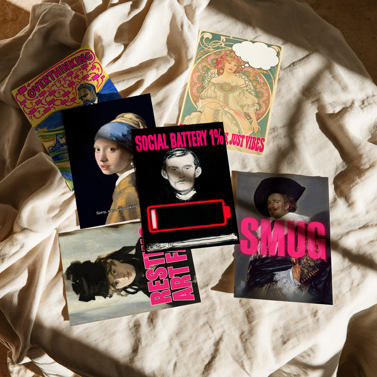 Set of Six Funny Moods Art Prints - Overthinking, Resting Art Face, Social Battery, Smug - Classic Painting Parody Poster