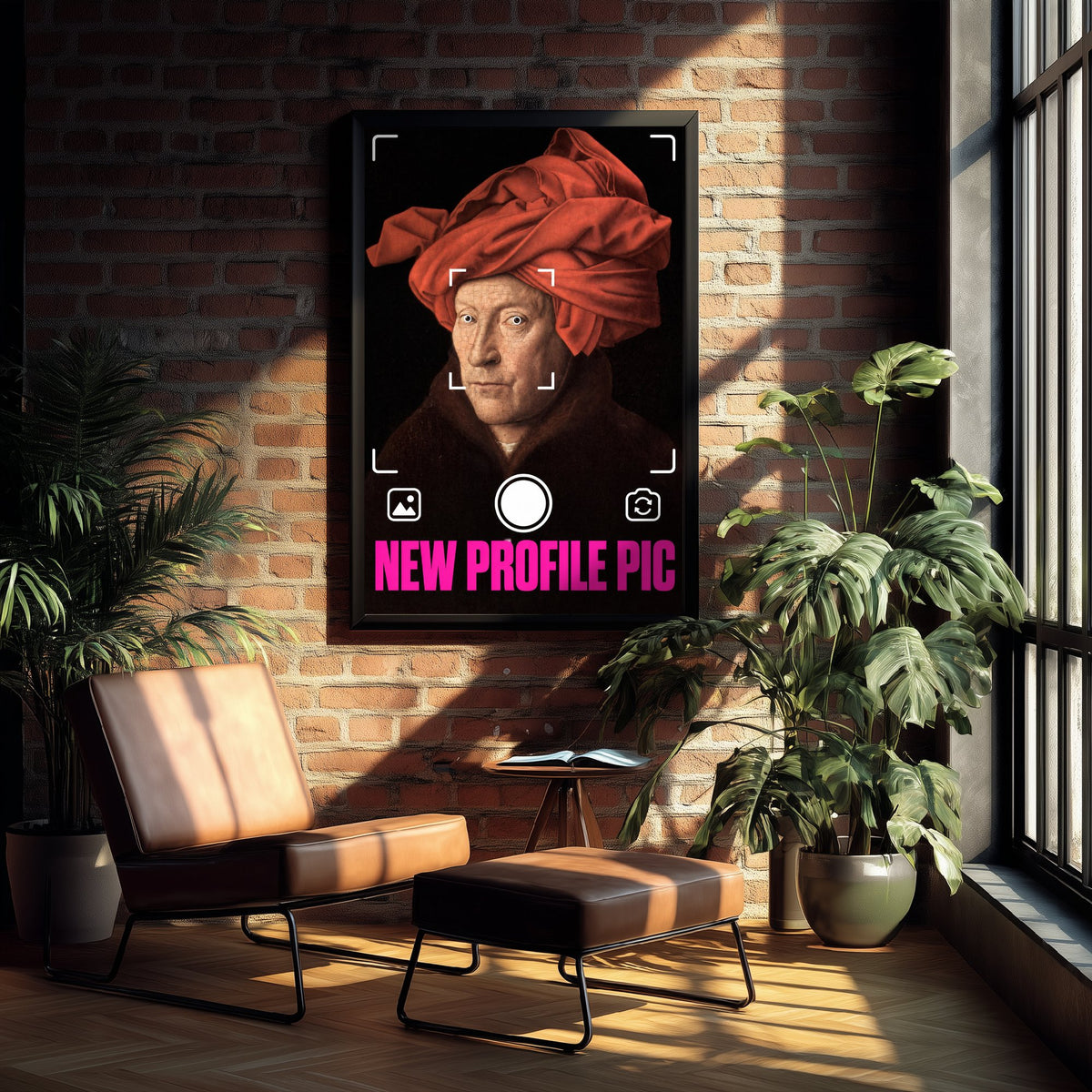 New Profile Pic Funny Art Print - Man in a Red Turban by van Eyck Parody Poster - Altered Classic Painting - Photographer Gift