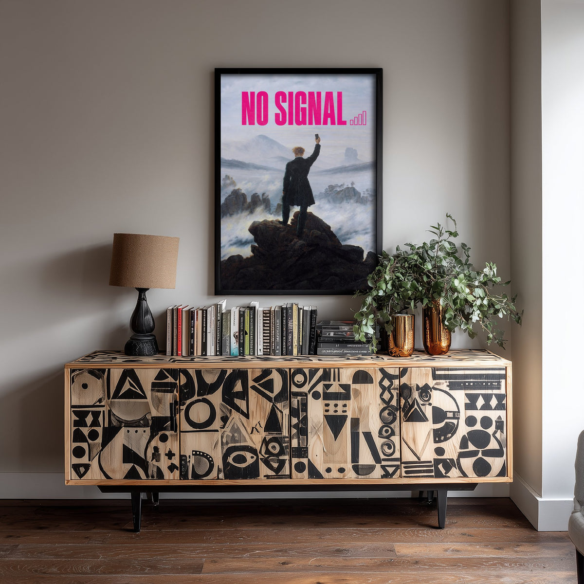 No Signal Funny Art Print - Wanderer above the Sea of Fog by Friedrich Parody Poster - Altered Classic Painting - Hiker Gift