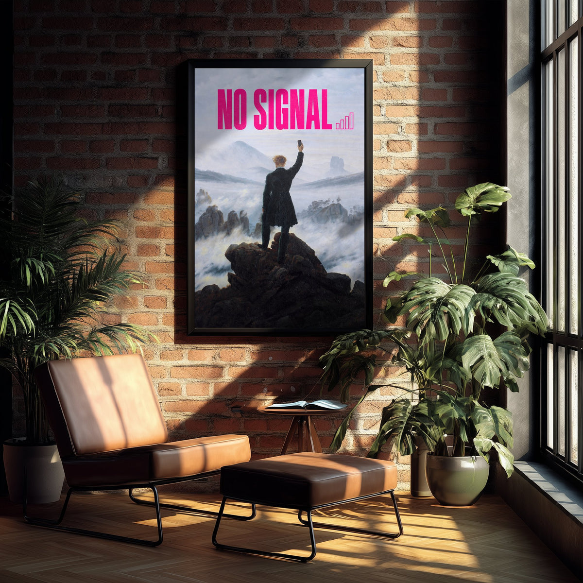 No Signal Funny Art Print - Wanderer above the Sea of Fog by Friedrich Parody Poster - Altered Classic Painting - Hiker Gift